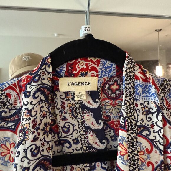 L'AGENCE Silk Neck Tie Blouse Size Small Color Red Blue White Black - Picture 3 of 5